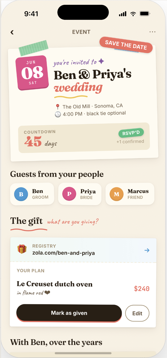 Paper Party Event concept showing a wedding invitation with save-the-date stamp.