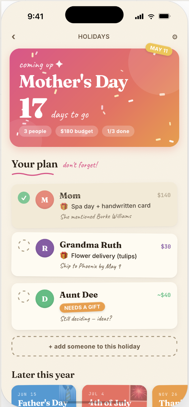 Paper Party Holiday concept showing Mother's Day countdown and per-person task list.
